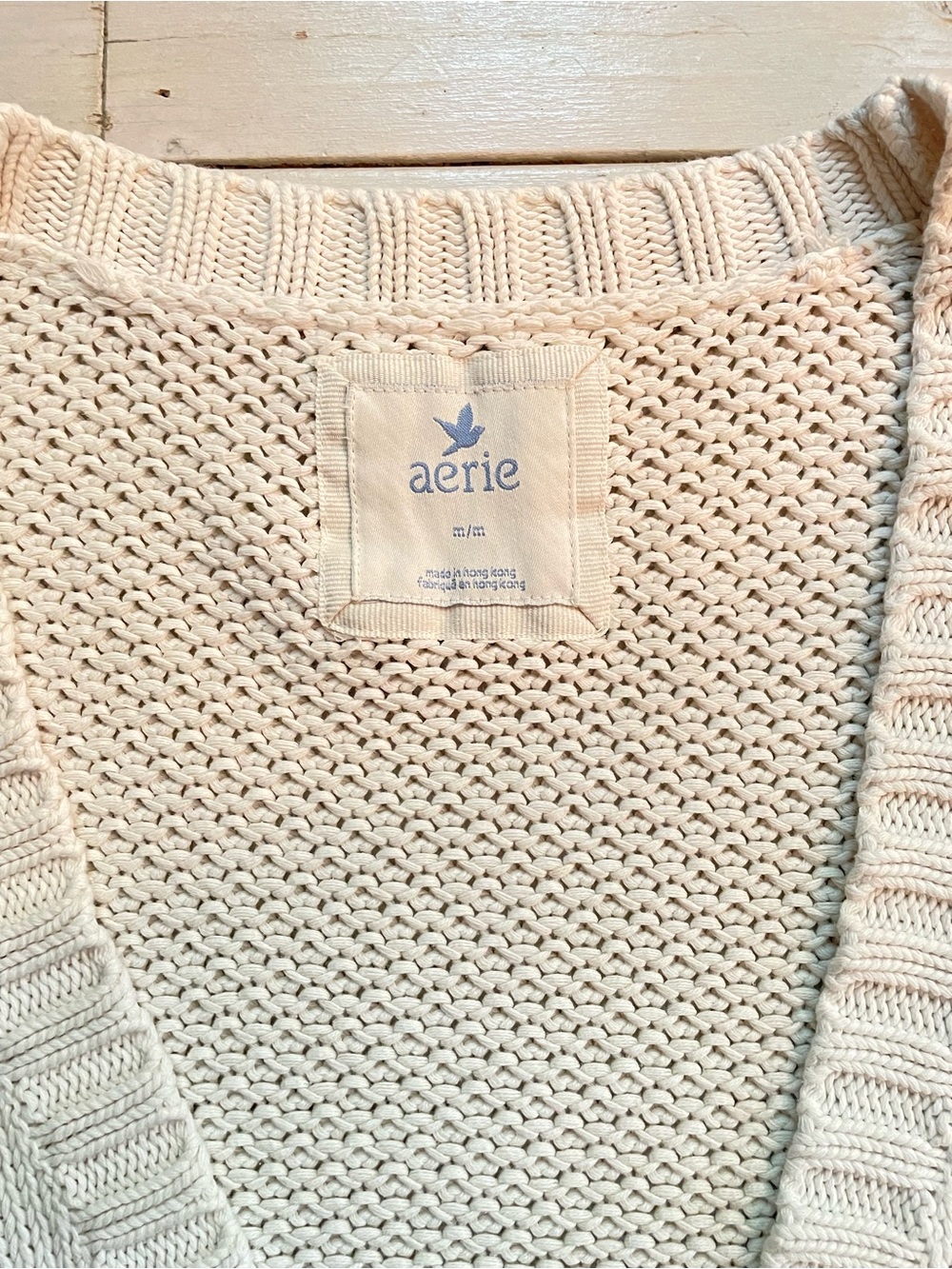 Aerie Cream Cable-Knit Button Front Short Sleeve Sweater Sz M 100% Cotton - Picture 2 of 6